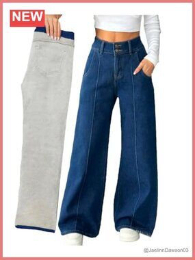 Fleece Lined Thermal Wide Leg Jeans Winter High Rise Denim Pants